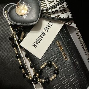 Steve Madden Black Embossed Wristlet Wallet Heart and Metal Tags